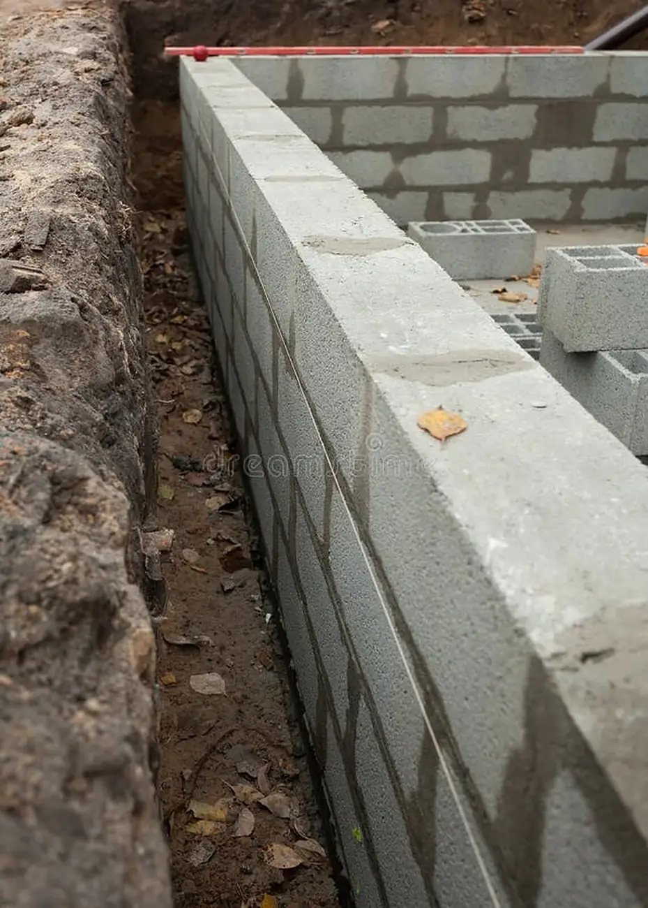 Block wall rising from its foundation