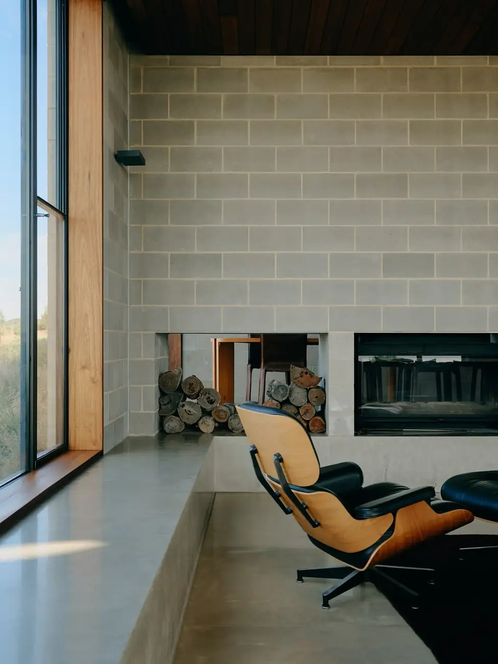 Living room with exposed concrete block walls